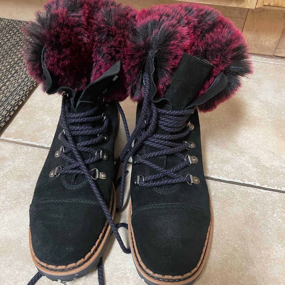 Sam Edelman black suede boots with purple faux fur